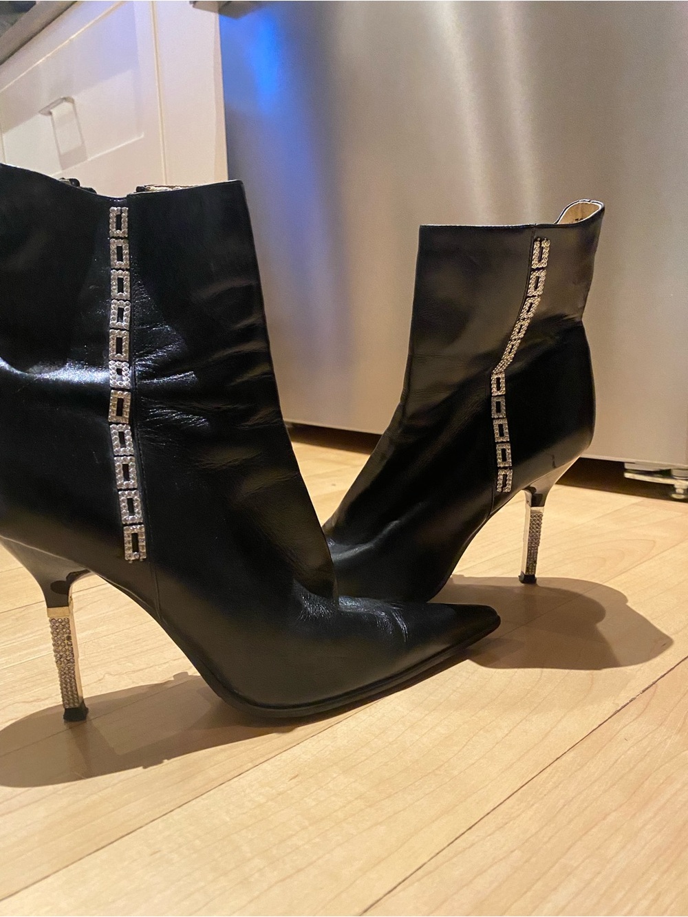 Leather Black Women's Pointed Toe Ankle Boots with Crystal Accent